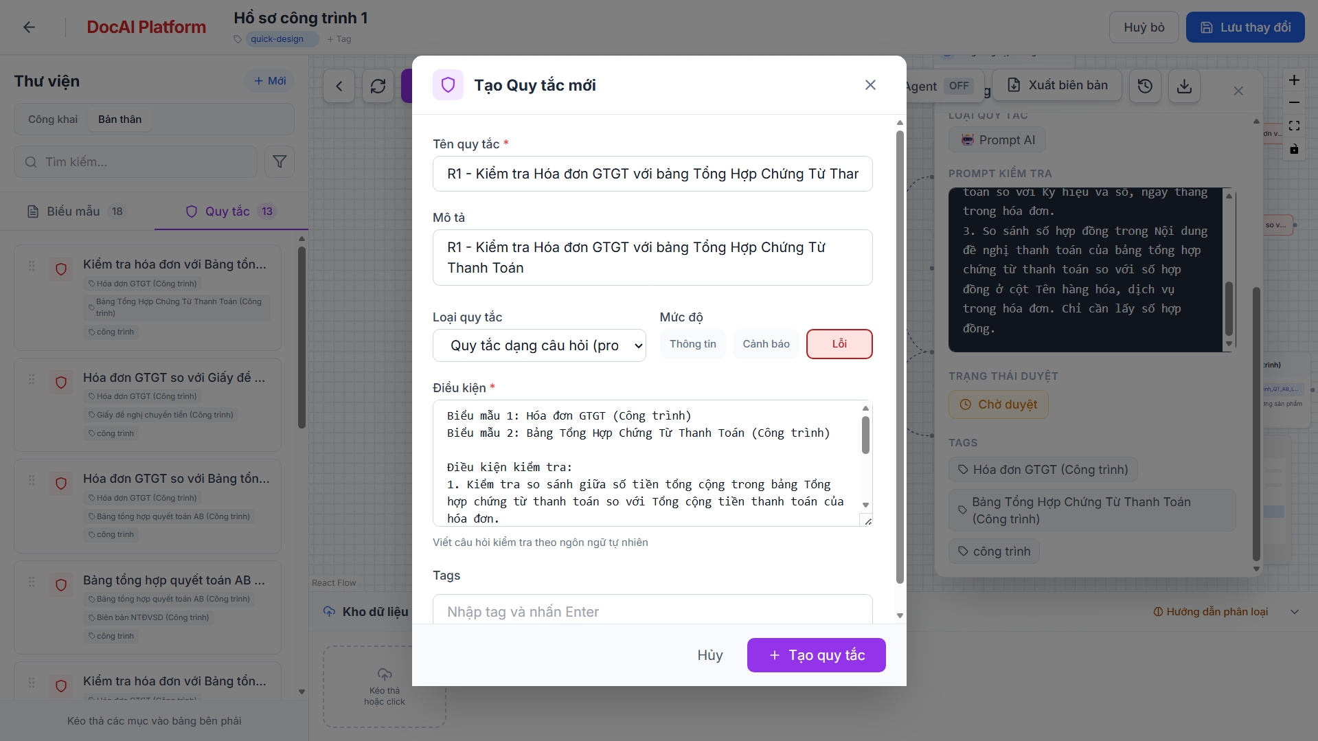 Giao diện tạo rule kiểm tra trên DocFlow Platform