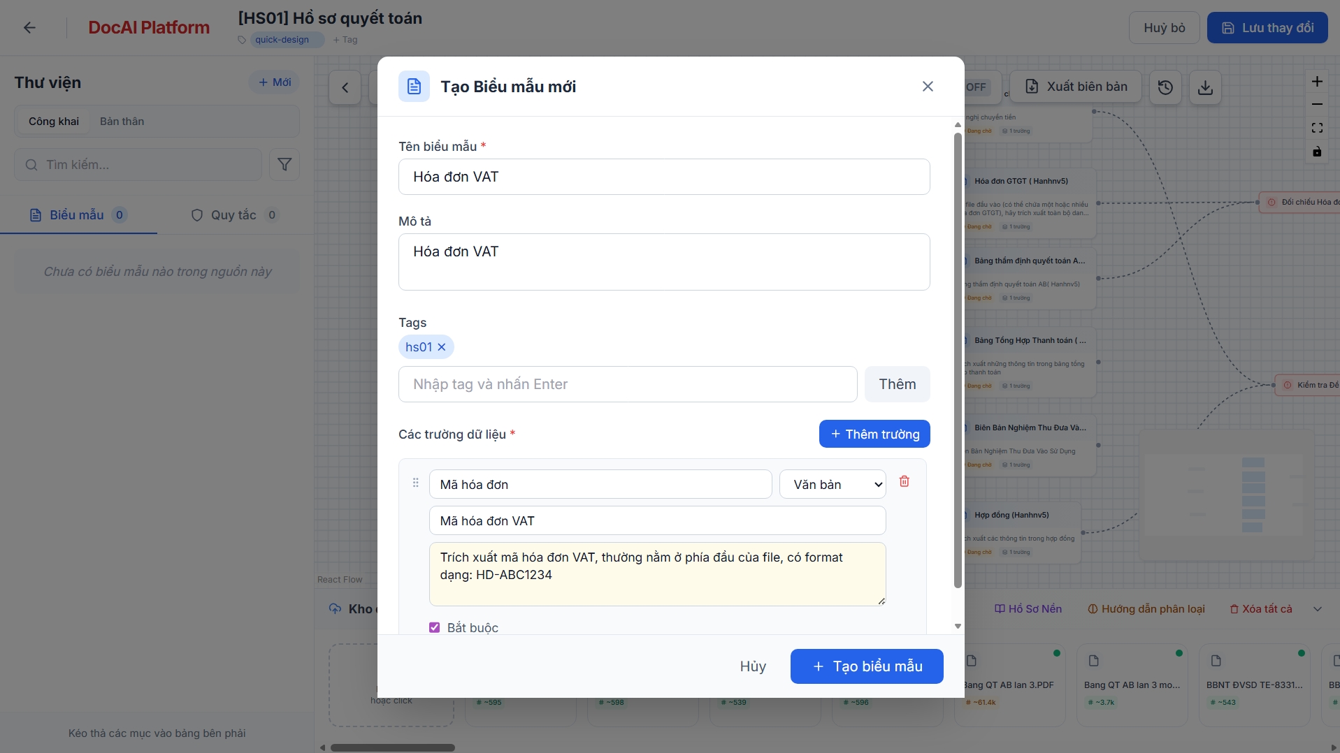 Giao diện tạo template biểu mẫu trên DocFlow Platform